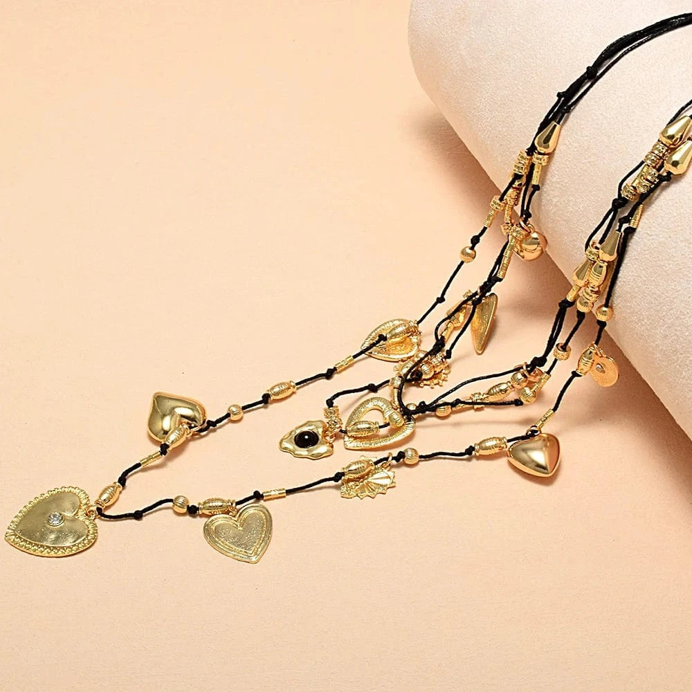 Gold Color Vintage Multi Layer Rope Heart Pendant Necklaces for Women Personality Metal Love Chokers Necklaces Jewelry Accessories