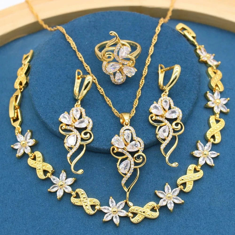 Gold Color Wedding Jewelry Sets with White Zirconia for Women Bracelet Earrings Necklace Ring Bridal Party Birthday Gift