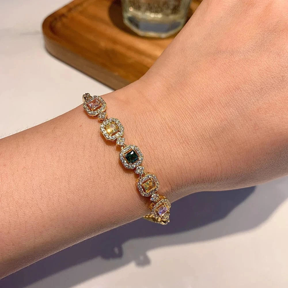 gold colorful Gemstone Tennis Bracelets for Women Luxury Iced Out AAA+ Cubic Zirconia Chain On Hand Wedding Fashion Jewelry