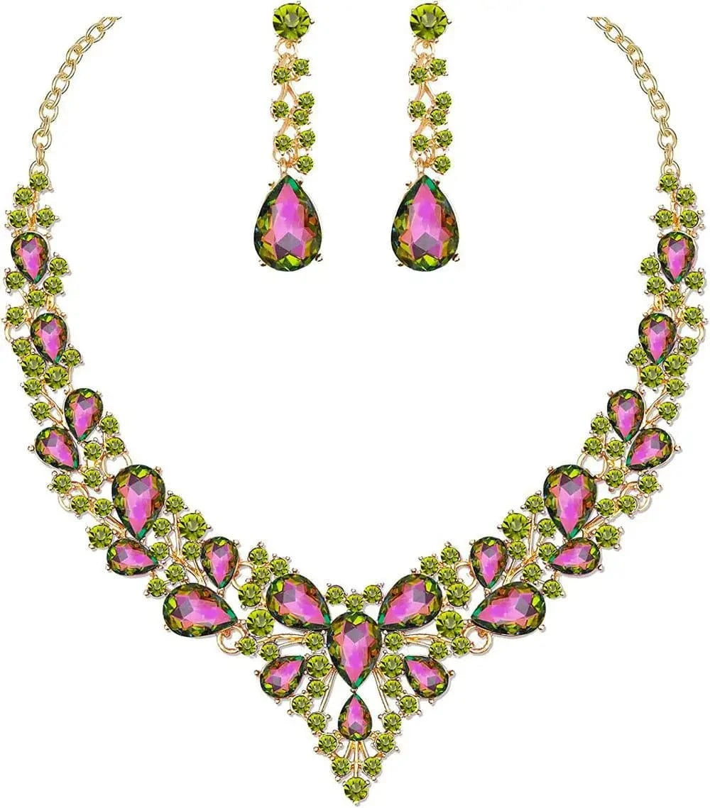Gold+Colorful High Quality 18K Gold Plated Crystal Teardrop Cluster Statement Women Wedding Bridal Necklace Dangle Earrings Jewelry Set