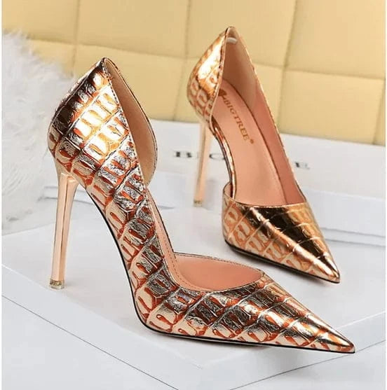 Gold Crocodile Effect Women Sparkly Stiletto Pumps Ladies Sexy Embossed Party Dress Shoes 11cm High Heels Spring Sexy Nightclub