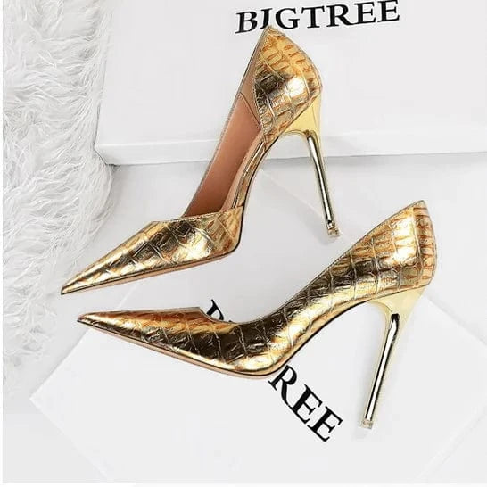 Gold Crocodile Effect Women Sparkly Stiletto Pumps Ladies Sexy Embossed Party Dress Shoes 11cm High Heels Spring Sexy Nightclub