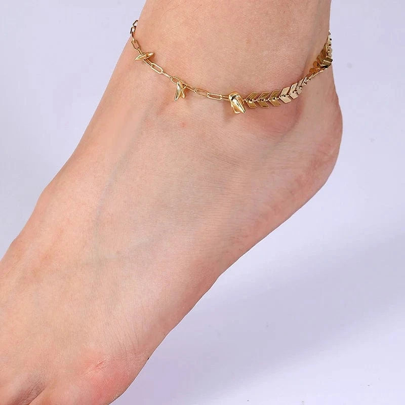 Gold-CYA0003 Fashion French high-end anklet jewelry brass gold-plated wheat ear-shaped stitching anklet  jewelry 2024