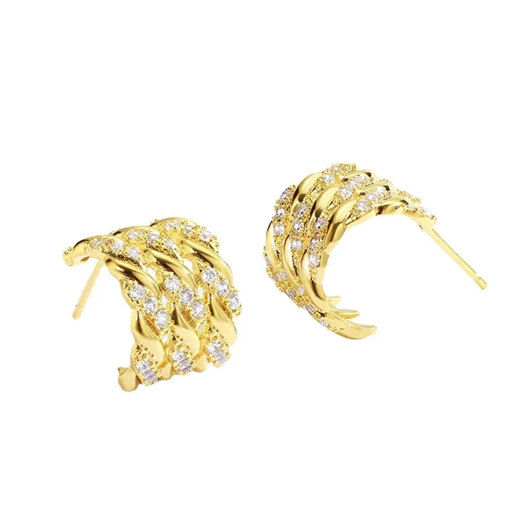 Gold-CYE0095 2024 New Fashion Braided Twist C Shape Brass Real Gold Plated Micro-set Zirconium Stud Earrings Jewelry