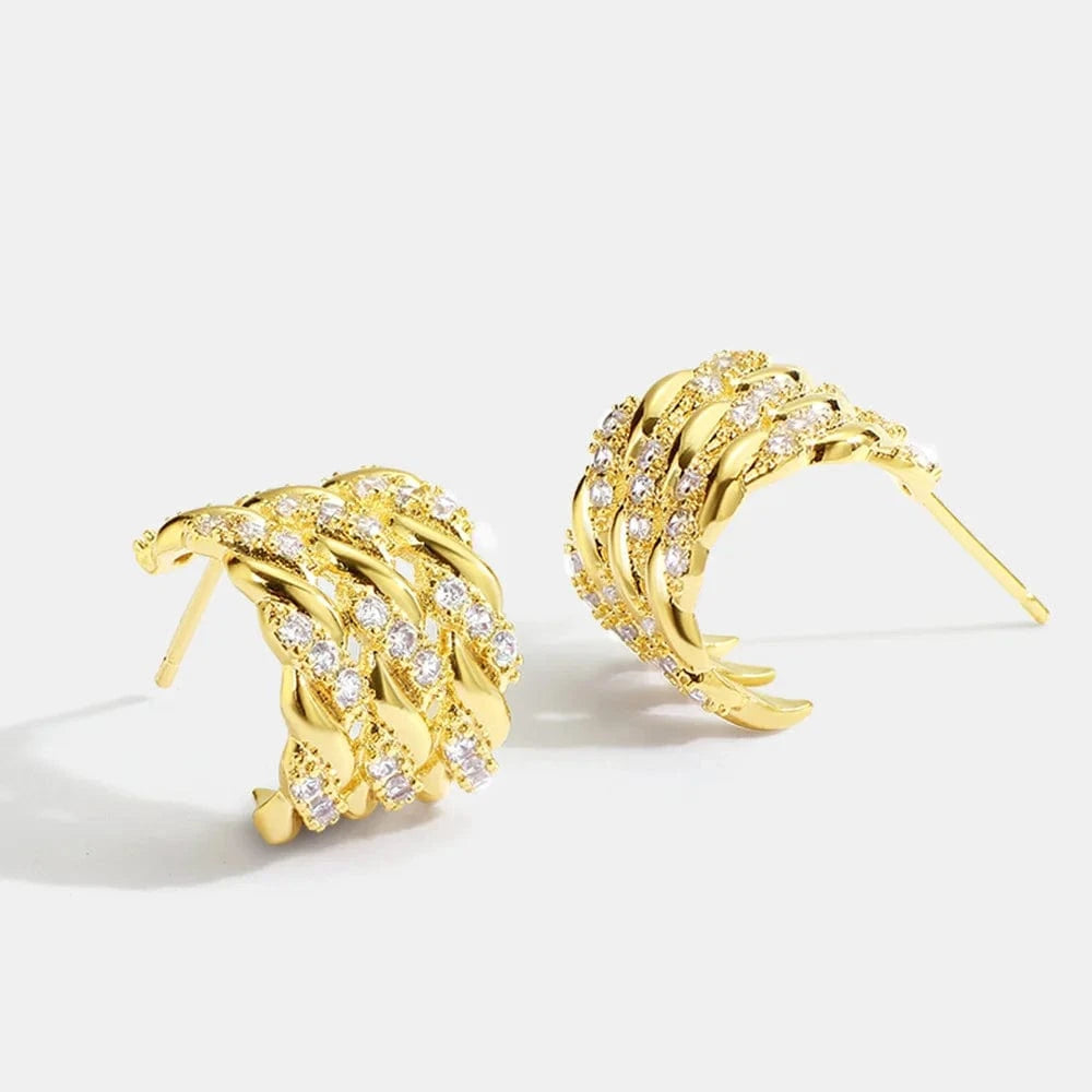 Gold-CYE0095 2024 New Fashion Braided Twist C Shape Brass Real Gold Plated Micro-set Zirconium Stud Earrings Jewelry