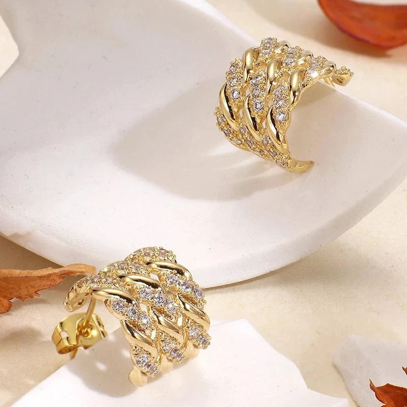 Gold-CYE0095 2024 New Fashion Braided Twist C Shape Brass Real Gold Plated Micro-set Zirconium Stud Earrings Jewelry