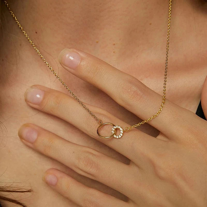 Gold-CYN0085 2024 Fashion Double Ring Buckle Necklace Copper Real Gold Plated Geometric Pendant Clavicle Chain Jewelry