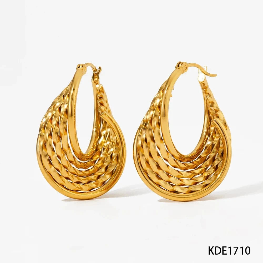 Gold-(D1710) Vintage Irregularity Tarnish Free Jewelry Gold Plated Stainless Steel Multi-Layer Twisted Hoop Earrings for Women Luxury