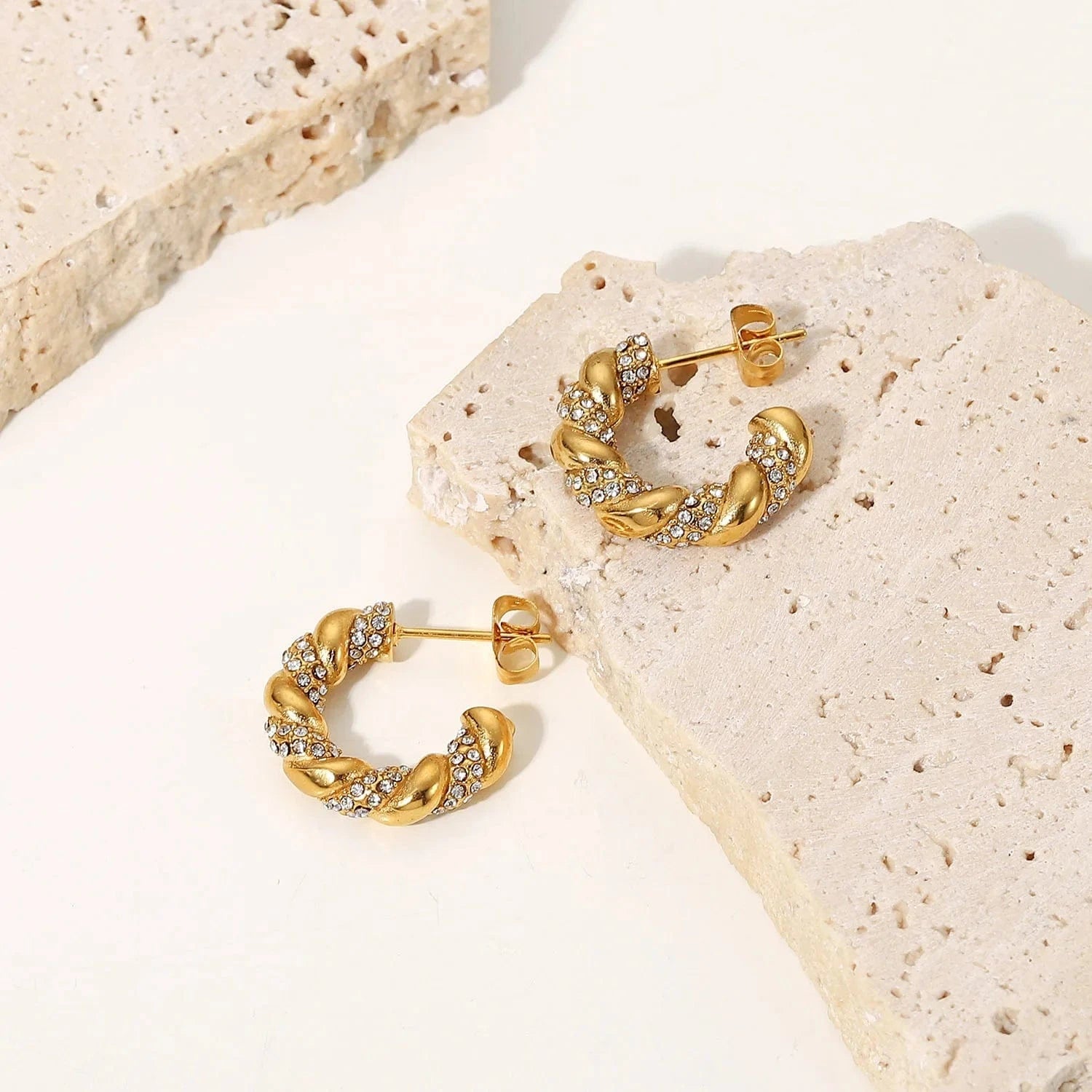 Gold Dainty 18k Gold Plated Stainless Steel Jewelry Charm Cubic Zirconia CC shaped Twist Earrings for Women