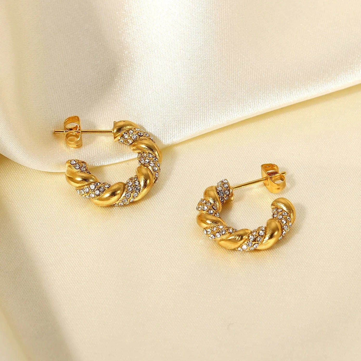 Gold Dainty 18k Gold Plated Stainless Steel Jewelry Charm Cubic Zirconia CC shaped Twist Earrings for Women