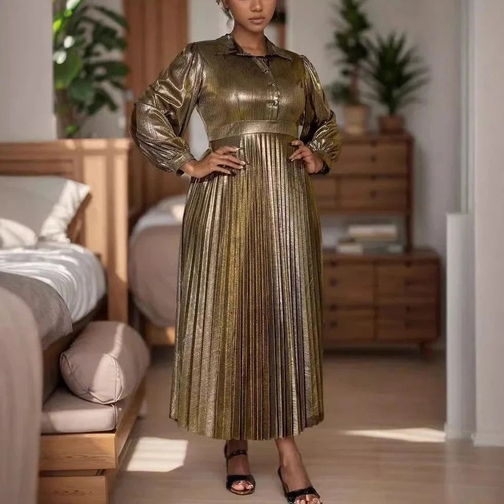Gold Dress / XL Luxury Pleated Dresses for Woman Turn Down Collar Full Sleeve Single Breatsed Ankle Length Elegant Birthday Party Dinner Dress