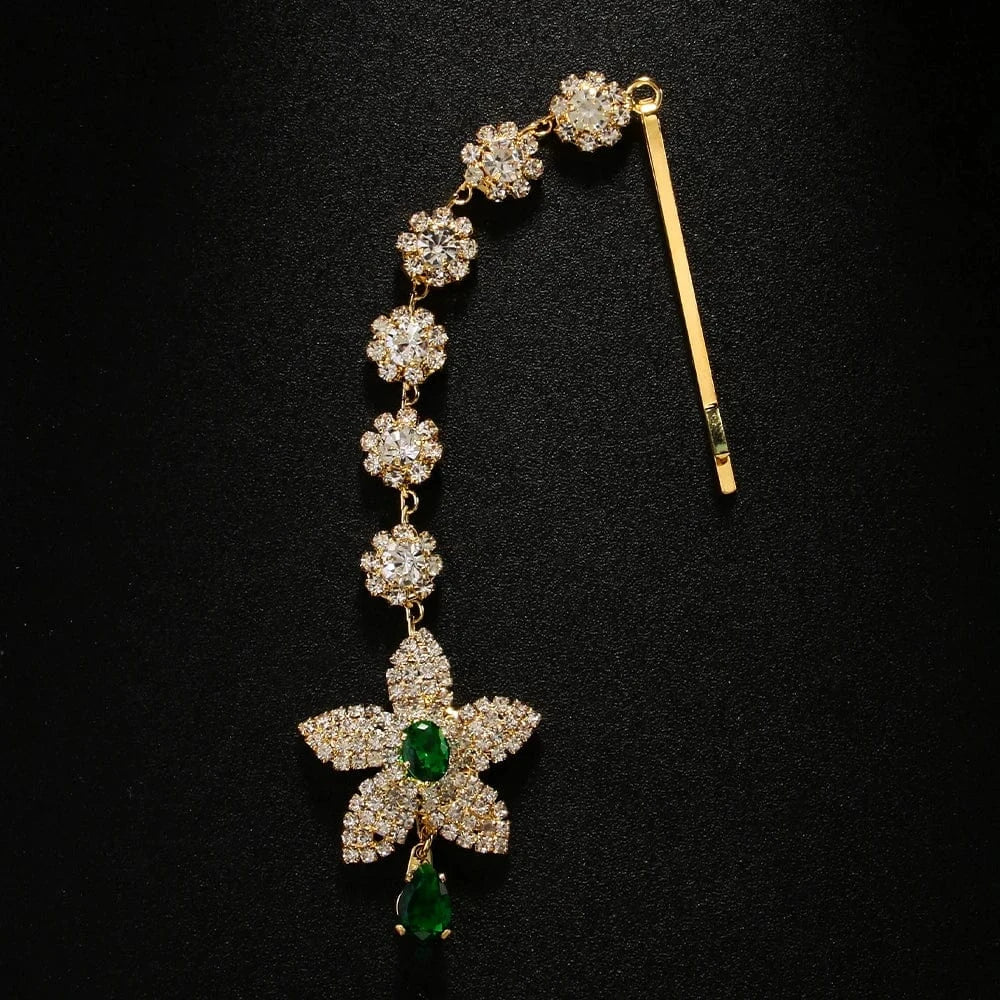 Gold Fashion Pendant Star Green Rhinestone Hair Pin Jewelry For Women Wedding Bridal Crystal Forehead Chain Headpiece Accessories