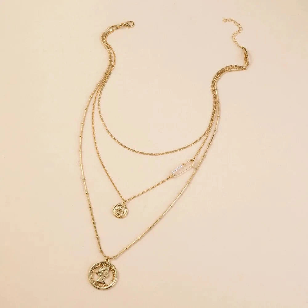 Gold Fashion Street Jewerly Pear Beautyl Head Coin Pendant layered Choker Necklaces