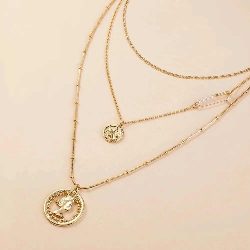 Gold Fashion Street Jewerly Pear Beautyl Head Coin Pendant layered Choker Necklaces