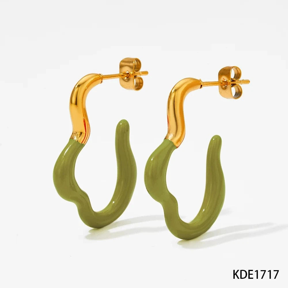 Gold-Green-(D1717) Squiggle Curve Shape Stud Earrings Stainless Steel Irregular Colorful Enamel Charms Hoop Earrings Jewelry Women