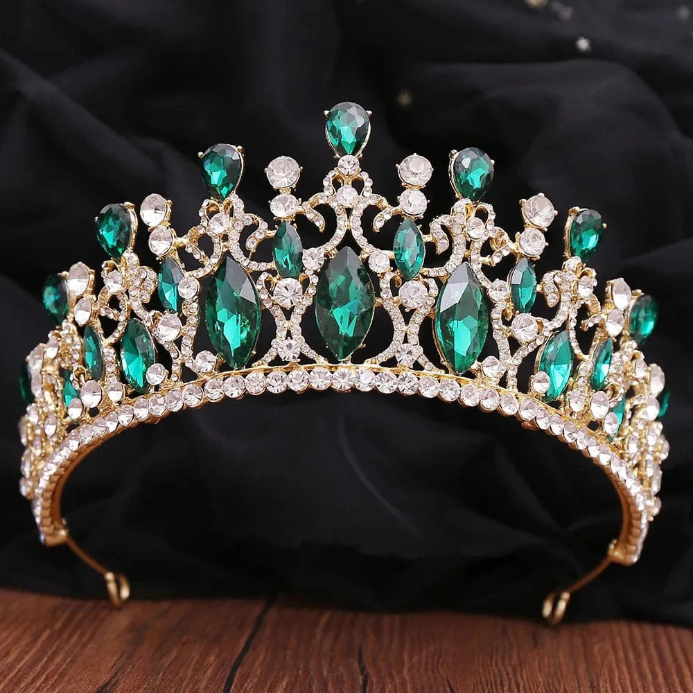 Gold+Green Stone Rosa Bessie Rhinestone Crown Tiara Mix Color Handmade Crystal Hair Accessories Headband Bridal Wedding Princess Tiara Crown
