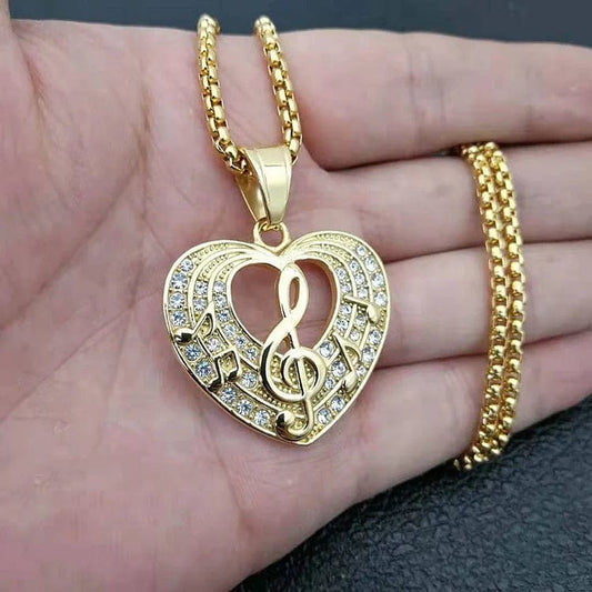 Gold GZYS JEWELRY Trendy Hiphop Musical Note Heart Pendant Jewelry with Necklace Stainless Steel