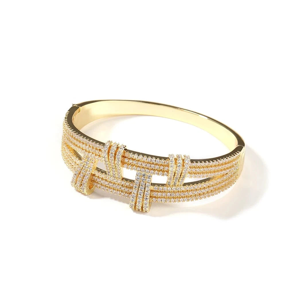 Gold Half Cubic Zircon 2 layer Bar Bangle Bracelet Hip Hop Women Men Fashion Jewelry