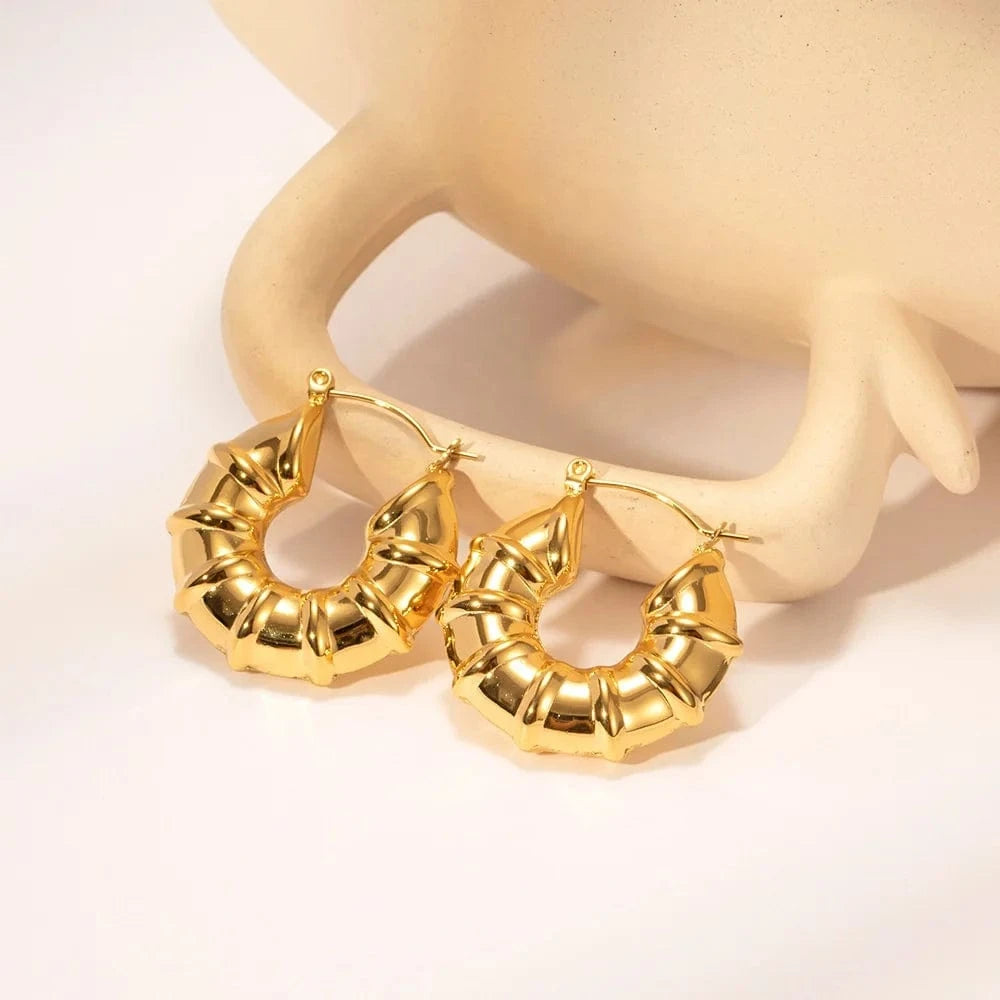 Gold High Quality Twisted Circle Bamboo Metal Texture Women Earrings Stainless Steel Jewelry Statement Chunky Hoop Earrings For Women