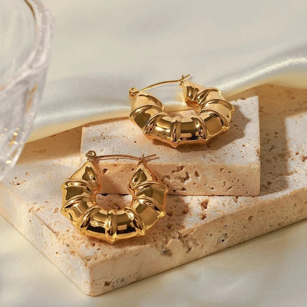 Gold High Quality Twisted Circle Bamboo Metal Texture Women Earrings Stainless Steel Jewelry Statement Chunky Hoop Earrings For Women