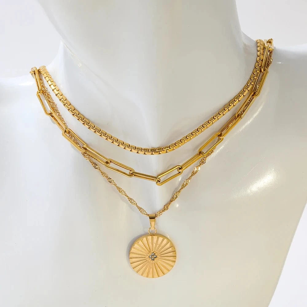 Gold Joolim Rope Chain Dainty Zirconia Burst Circle  Round Coin Pendant Stainless Steel Necklace Jewelry Wholesale