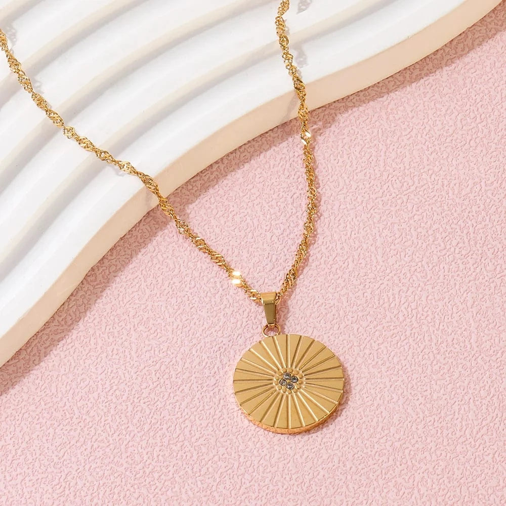 Gold Joolim Rope Chain Dainty Zirconia Burst Circle  Round Coin Pendant Stainless Steel Necklace Jewelry Wholesale