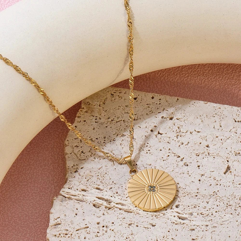 Gold Joolim Rope Chain Dainty Zirconia Burst Circle  Round Coin Pendant Stainless Steel Necklace Jewelry Wholesale