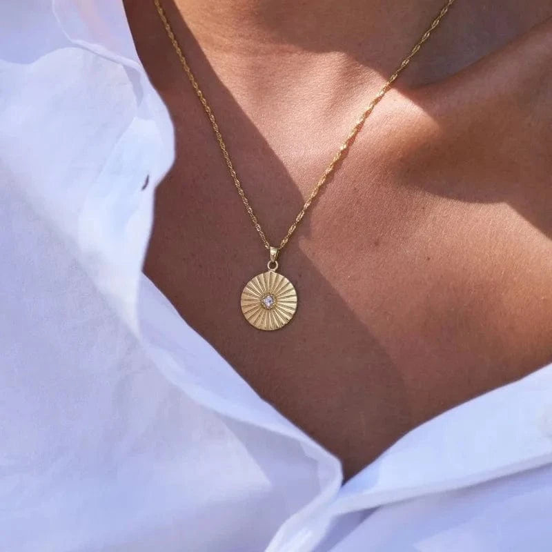 Gold Joolim Rope Chain Dainty Zirconia Burst Circle  Round Coin Pendant Stainless Steel Necklace Jewelry Wholesale