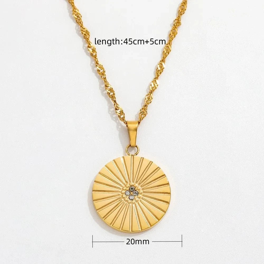 Gold Joolim Rope Chain Dainty Zirconia Burst Circle  Round Coin Pendant Stainless Steel Necklace Jewelry Wholesale