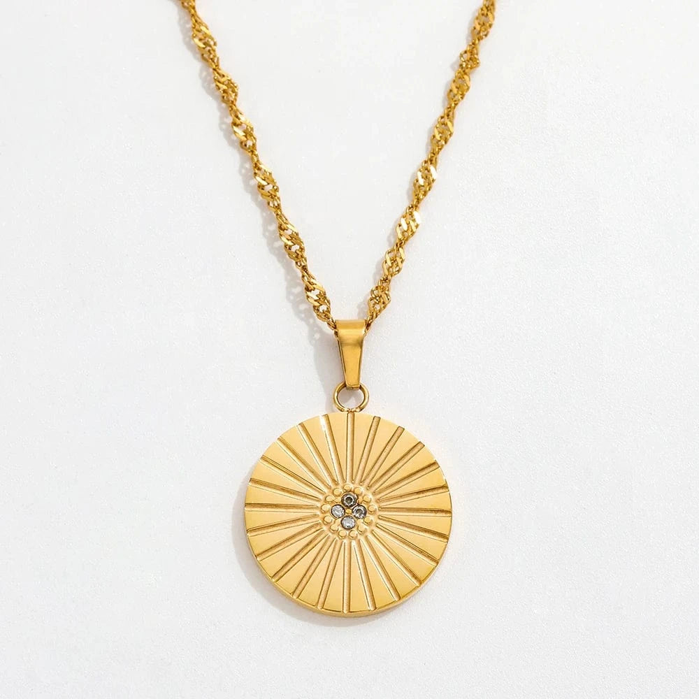Gold Joolim Rope Chain Dainty Zirconia Burst Circle  Round Coin Pendant Stainless Steel Necklace Jewelry Wholesale