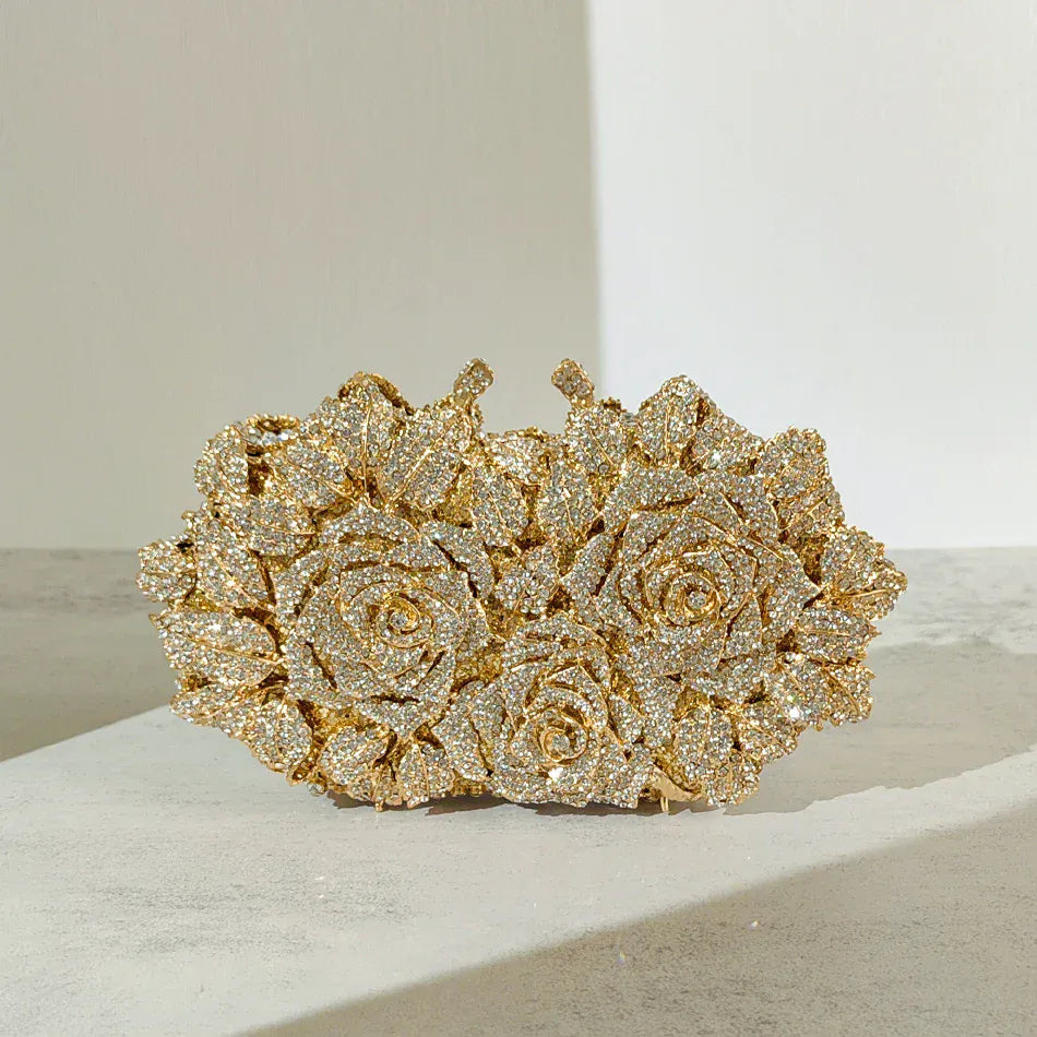 Gold / L21 x W4.5 x H12cm Alizekerr Rose Crystal Evening Clutch Bags Women New Luxury Boutique Sparkling Diamond Flower Purses And Handbags Wedding Party