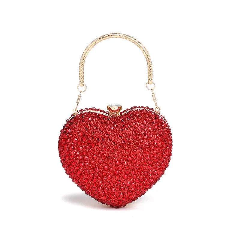 Gold Luxury Diamond Inlay Heart Shape Crystal Clutch Purse Stones Evening Wedding Party Shoulder Bag Handle Rhinestone Mini Handbags