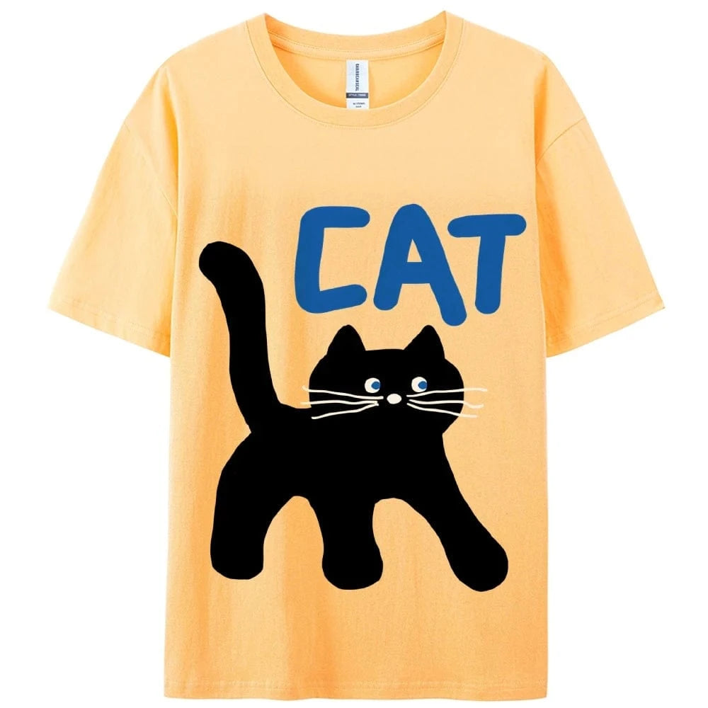 Gold / M Women's Basic Crew Neck Tee Trendy Y2K Women's Short Sleeve Cartoon Cat Print Cute Aesthetic Cotton Casual T-Shirt