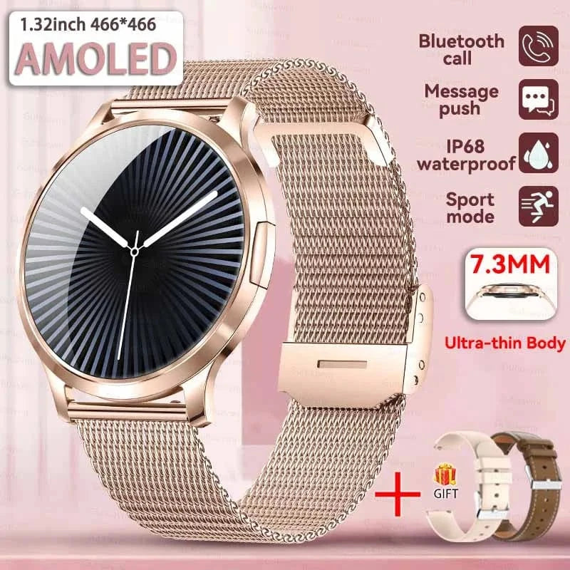Gold Mesh Belt 2A / Fashion watch 2025 New Smart Watch For Women 1.32"HD AMOLED Screen IP68 Waterproof Heart Rate Women Health Ladies Smartwatches For Android ios