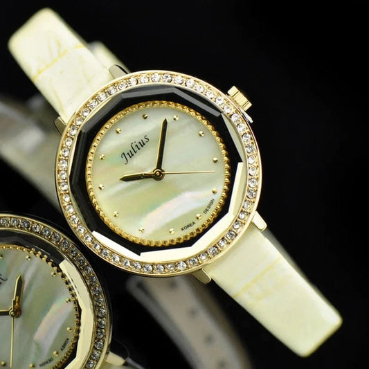 Gold Mother-of-pearl  Julius Lady Women's Watch Japan Quartz Fashion Hours Bracelet Real Leather Girl's Gift No Box