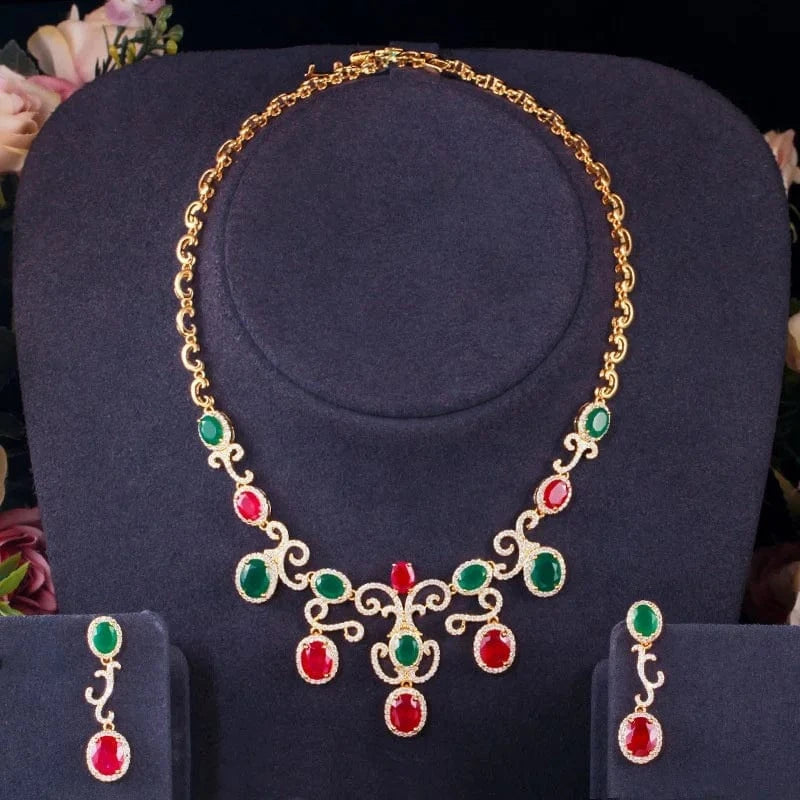 Gold Necklace Earring Necklace Jewelry Set Gemstone Jewellery Sets Wholesale Luxury Indian Middle East Emerald Ruby Zircon Wedding