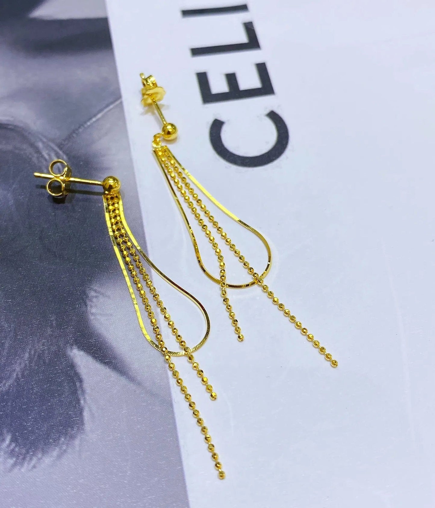 Gold NINE'S High Quality Drop Shipping Woman 18K Solid Real Gold Drop Dangle Earrings Dubai 18k Gold Jewelry Tassels Earrings