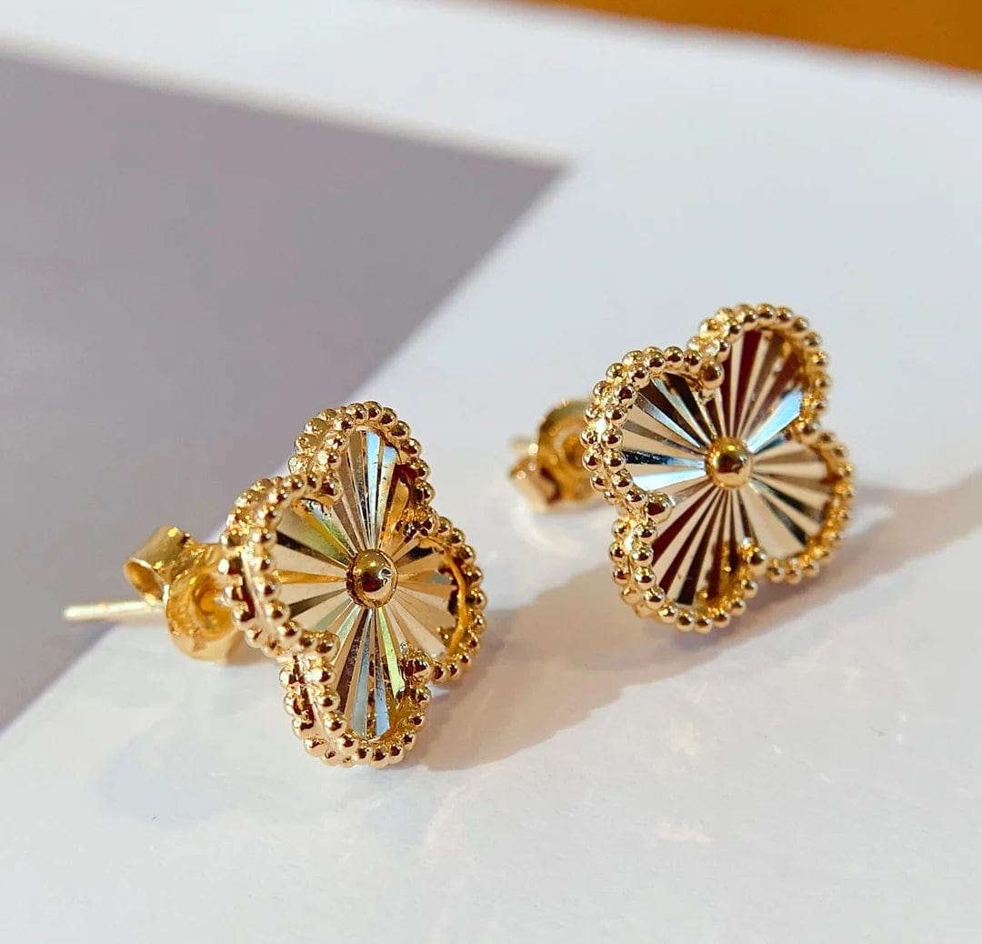 Gold NINE'S Luxury Fashion Clover Solid Pure Real 18K Gold Earrings Jewelry Women Ladies Female Bridal Engagement Wedding Earring