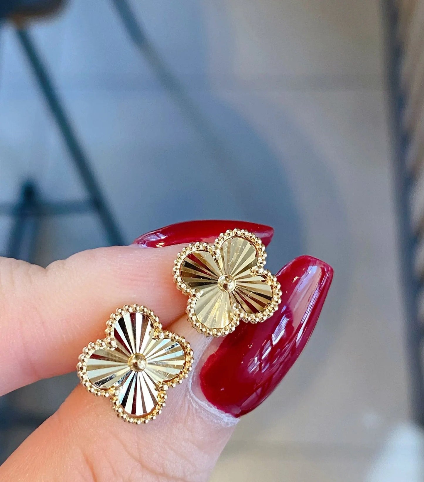 Gold NINE'S Luxury Fashion Clover Solid Pure Real 18K Gold Earrings Jewelry Women Ladies Female Bridal Engagement Wedding Earring