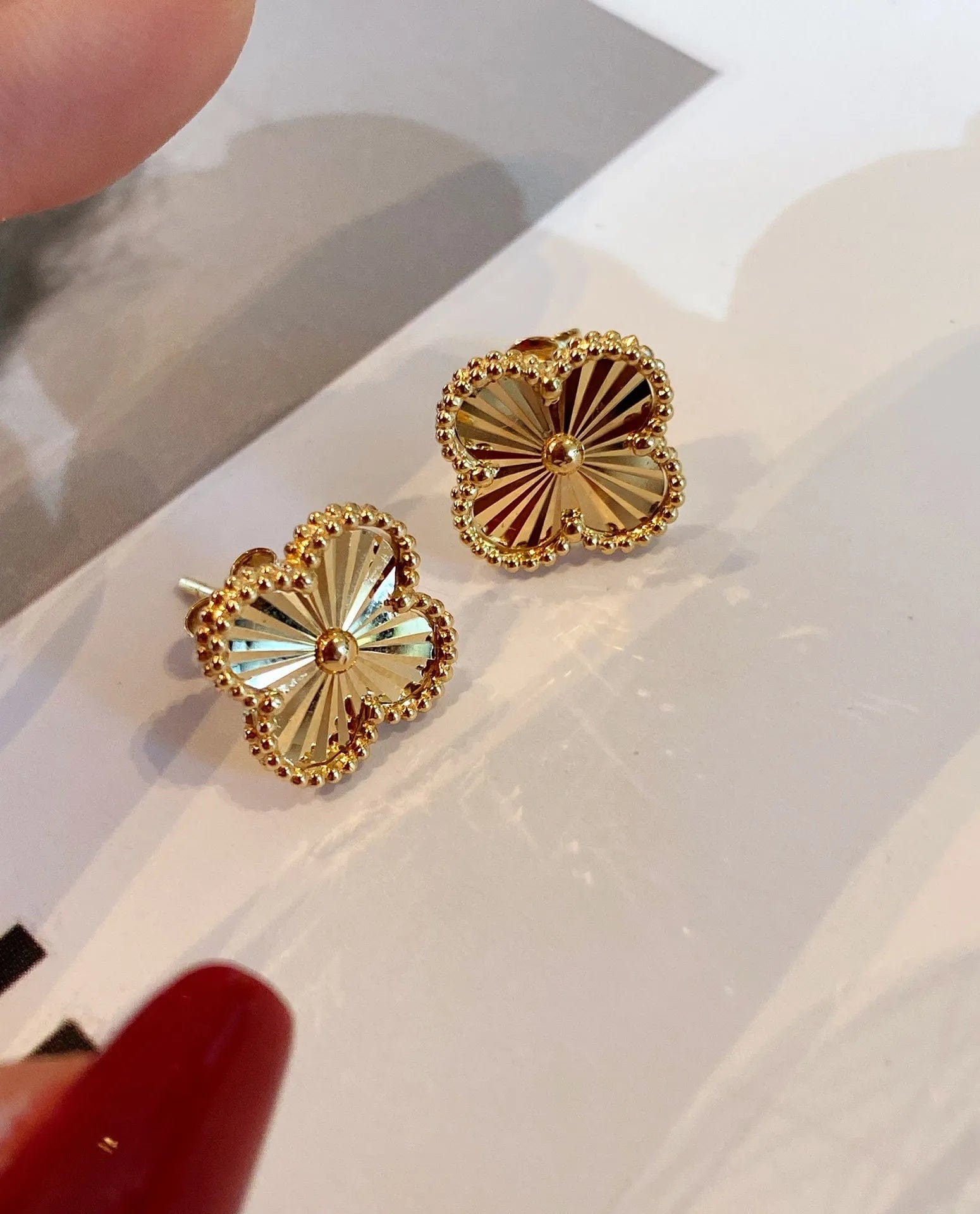 Gold NINE'S Luxury Fashion Clover Solid Pure Real 18K Gold Earrings Jewelry Women Ladies Female Bridal Engagement Wedding Earring