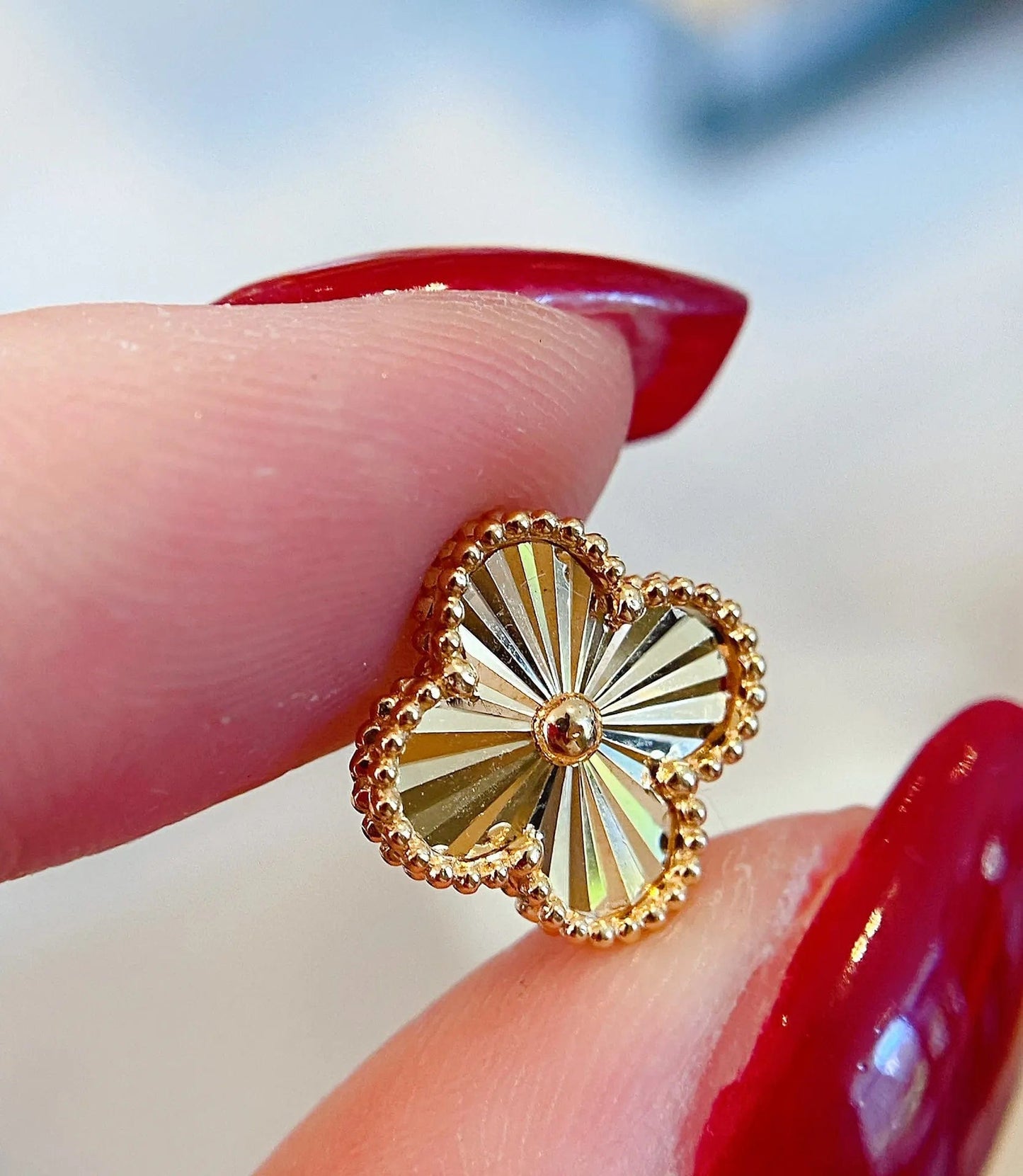 Gold NINE'S Luxury Fashion Clover Solid Pure Real 18K Gold Earrings Jewelry Women Ladies Female Bridal Engagement Wedding Earring