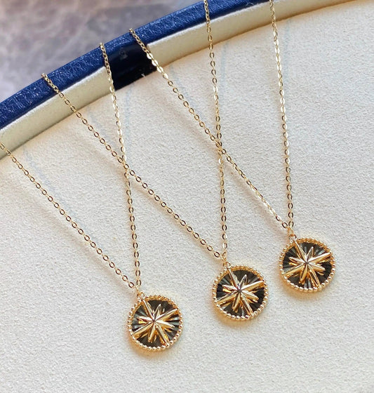Gold NINE'S Women Fashion Jewelry 18k Real Gold Sunshine Round Disc Love Compass Octagonal Star Clavicle Chain Coin Pendant Necklace
