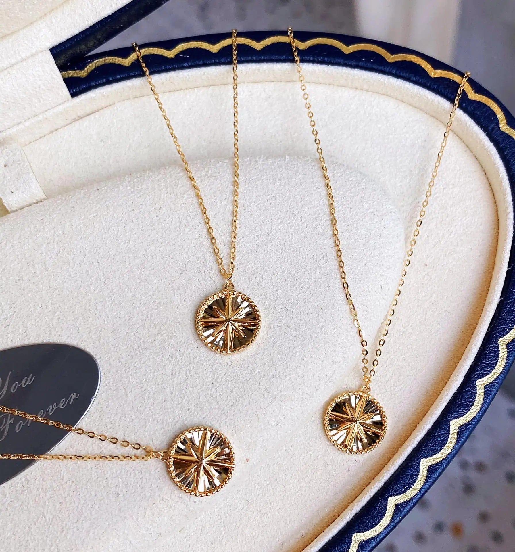 Gold NINE'S Women Fashion Jewelry 18k Real Gold Sunshine Round Disc Love Compass Octagonal Star Clavicle Chain Coin Pendant Necklace