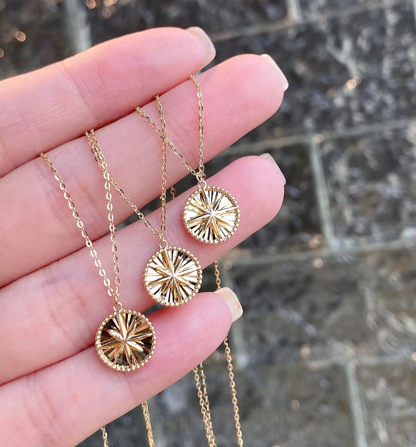 Gold NINE'S Women Fashion Jewelry 18k Real Gold Sunshine Round Disc Love Compass Octagonal Star Clavicle Chain Coin Pendant Necklace