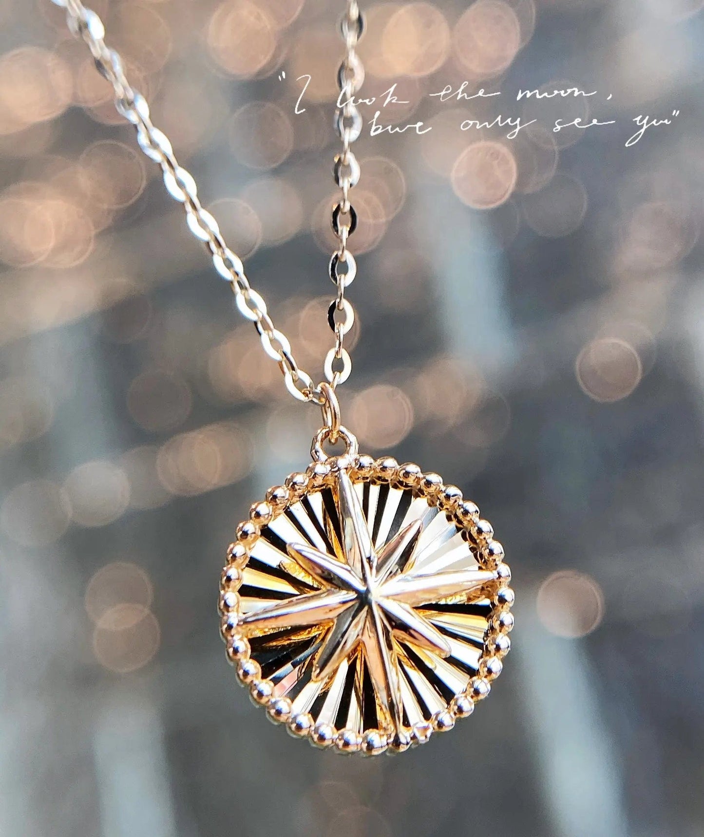 Gold NINE'S Women Fashion Jewelry 18k Real Gold Sunshine Round Disc Love Compass Octagonal Star Clavicle Chain Coin Pendant Necklace
