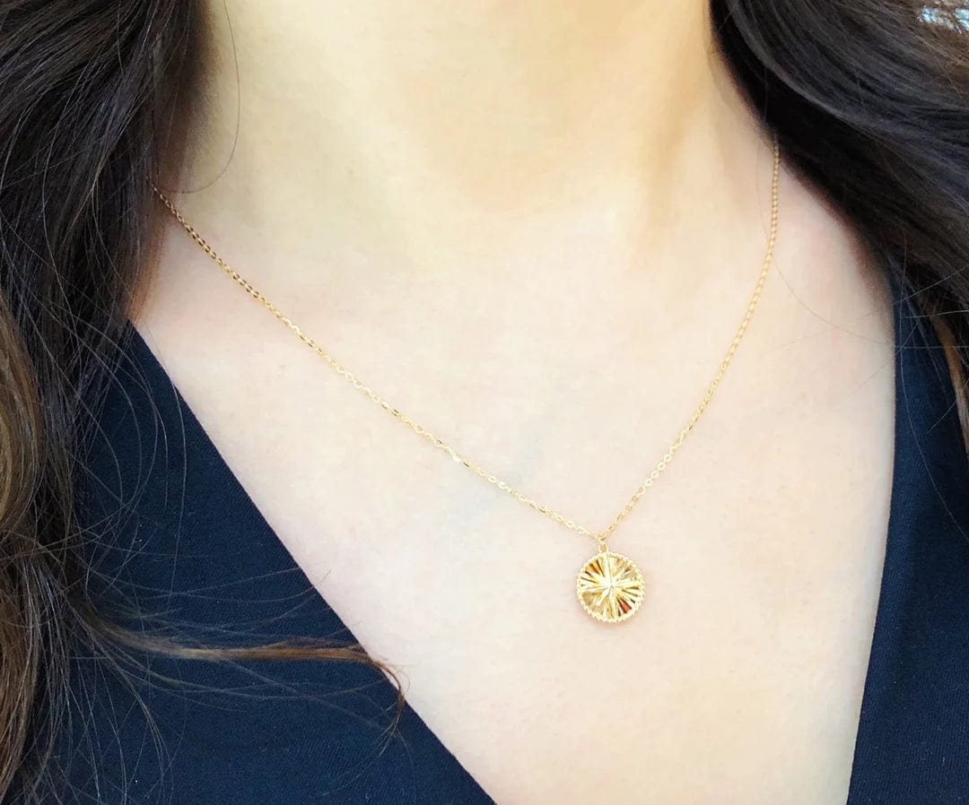 Gold NINE'S Women Fashion Jewelry 18k Real Gold Sunshine Round Disc Love Compass Octagonal Star Clavicle Chain Coin Pendant Necklace