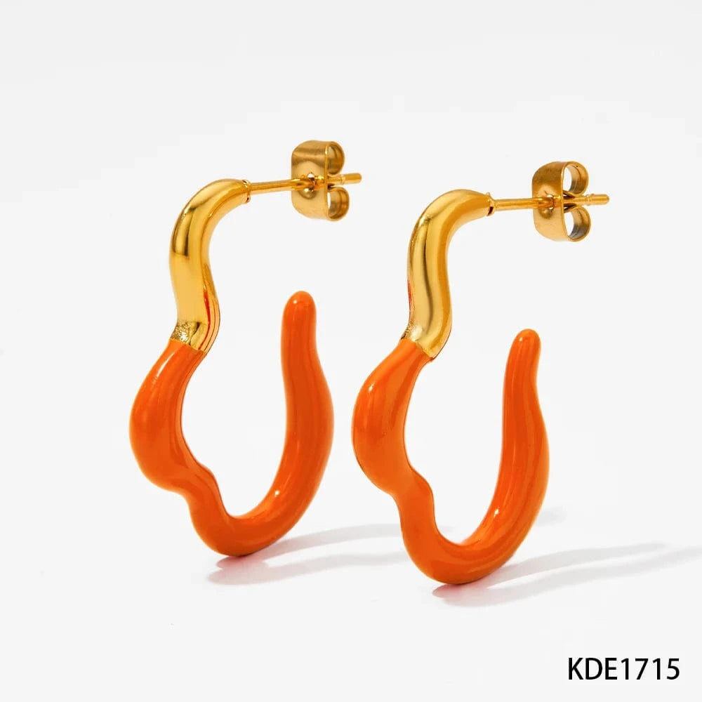 Gold-Orange-(D1715) Squiggle Curve Shape Stud Earrings Stainless Steel Irregular Colorful Enamel Charms Hoop Earrings Jewelry Women