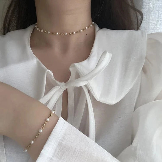 Gold Paperclip Chain Choker Satellite hawaiian Saltwater Cultured pearl chain necklace stainless steel Dainty Jewelry Women 16''