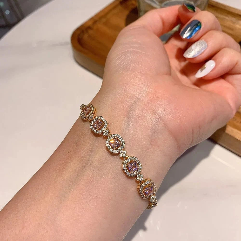 gold pink Gemstone Tennis Bracelets for Women Luxury Iced Out AAA+ Cubic Zirconia Chain On Hand Wedding Fashion Jewelry
