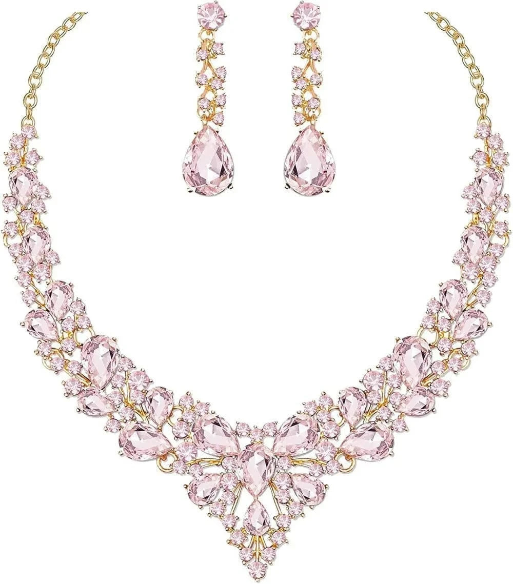 Gold+Pink High Quality 18K Gold Plated Crystal Teardrop Cluster Statement Women Wedding Bridal Necklace Dangle Earrings Jewelry Set